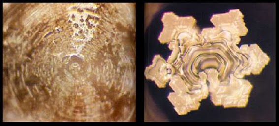 Immagine comparativa di cristalli d'acqua: a sinistra un cristallo distorto e irregolare, a destra un cristallo armonioso e simmetrico.
